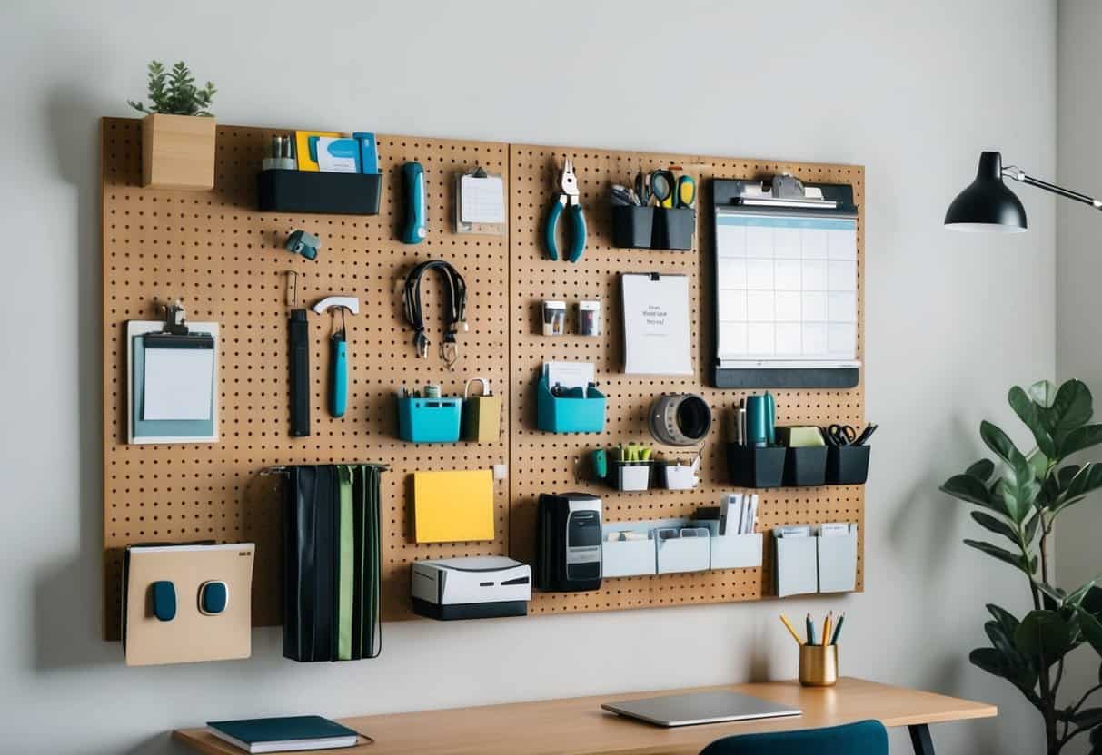 A wall-mounted pegboard with various organizational tools and office supplies arranged neatly, creating a functional and stylish home office space