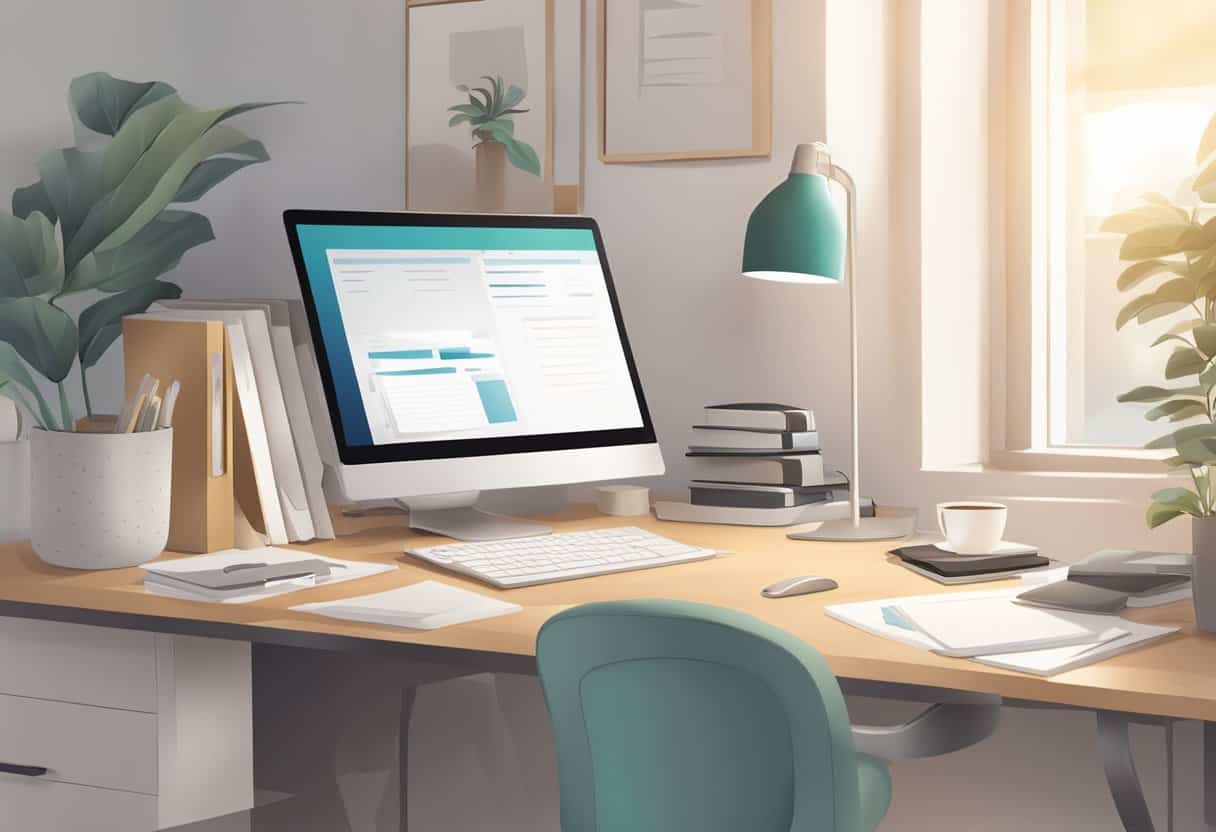 A clutter-free desk with organized files and a computer. A calm and quiet office environment with soft lighting and neutral colors