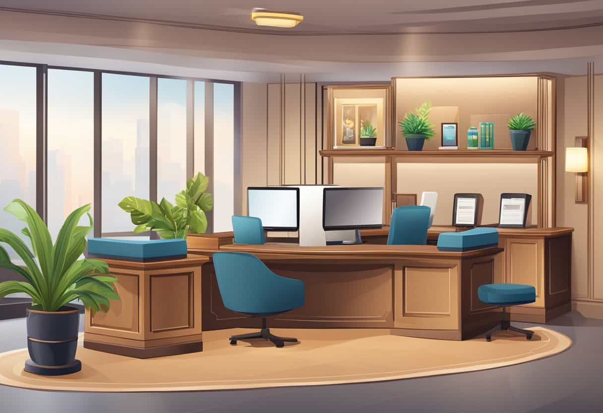 A hotel concierge desk with a computer, phone, and key rack. A cozy waiting area with comfortable chairs and a potted plant