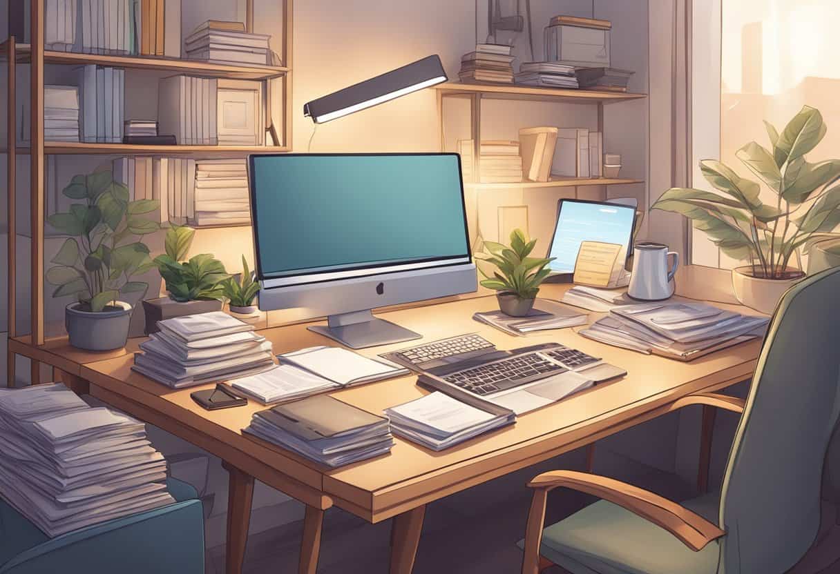 A cozy office with a cluttered desk, a computer, and a stack of paperwork. A calm and peaceful atmosphere with soft lighting and a comfortable chair