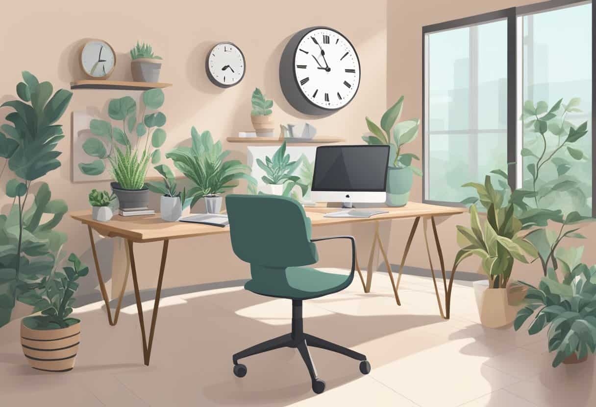 A serene office space with a cozy desk, plants, and a calming color scheme, with a clock ticking slowly on the wall