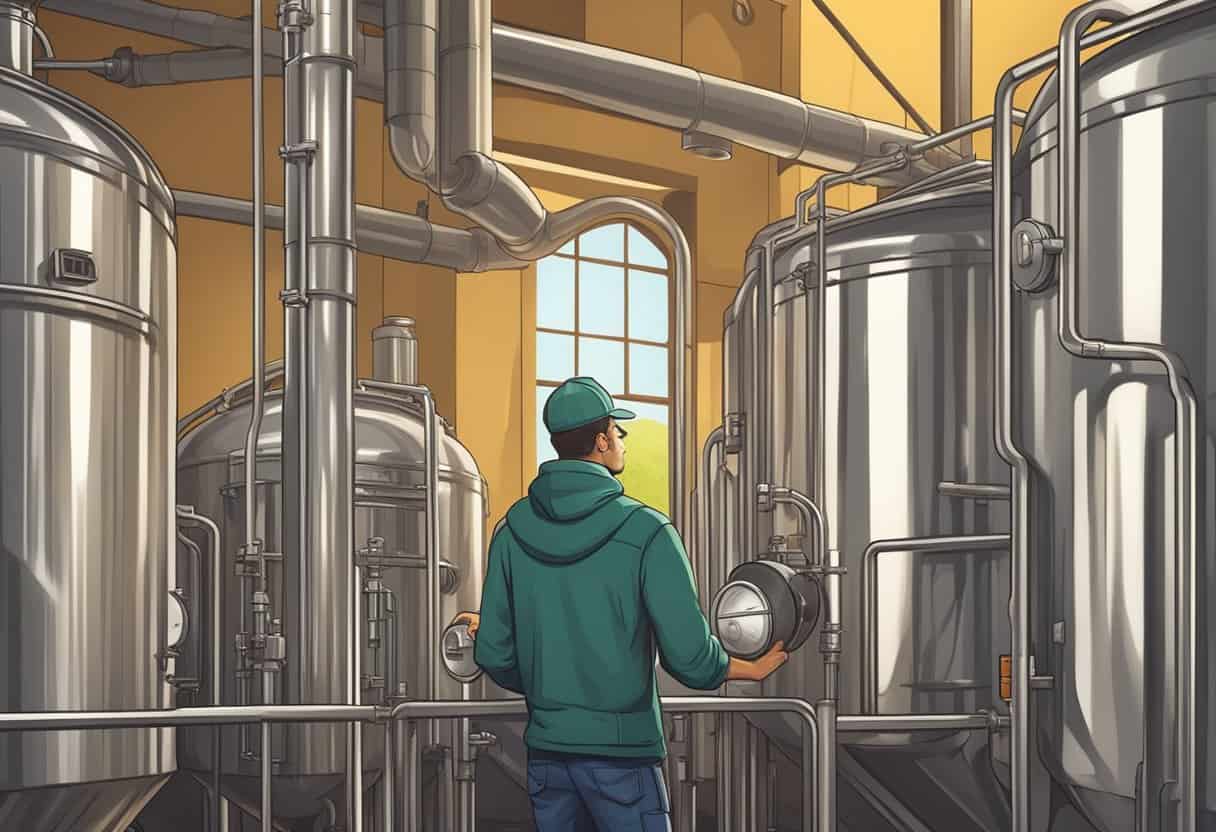 A brewery worker carefully monitors the fermentation tanks, surrounded by the comforting hum of machinery and the sweet aroma of hops and barley