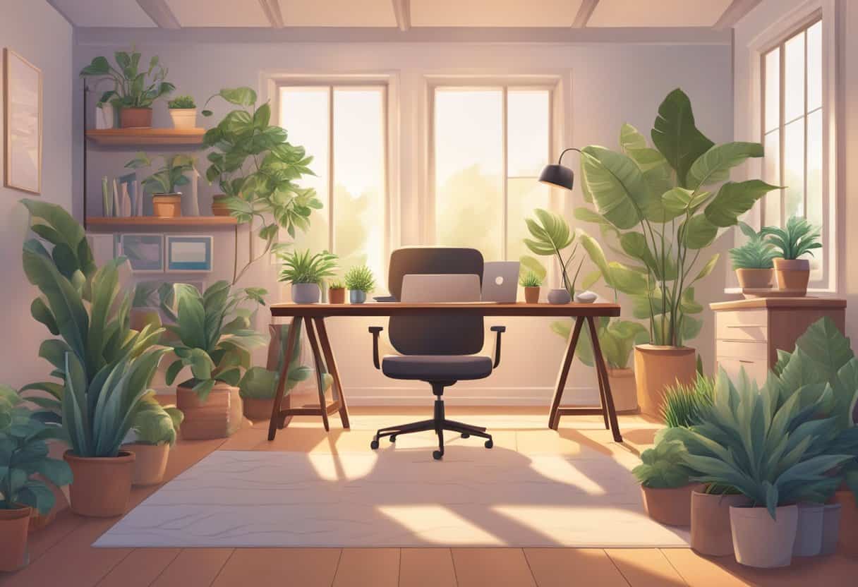 A cozy office with a large desk, comfortable chair, and soft lighting. A peaceful atmosphere with plants and calming decor