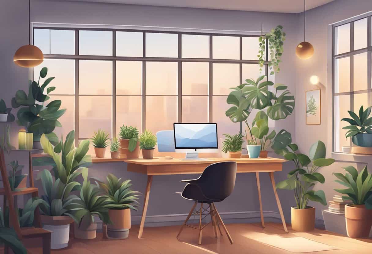 A tranquil office space with a cozy desk, potted plants, and soft lighting, creating a calm and stress-free atmosphere for slow-paced work