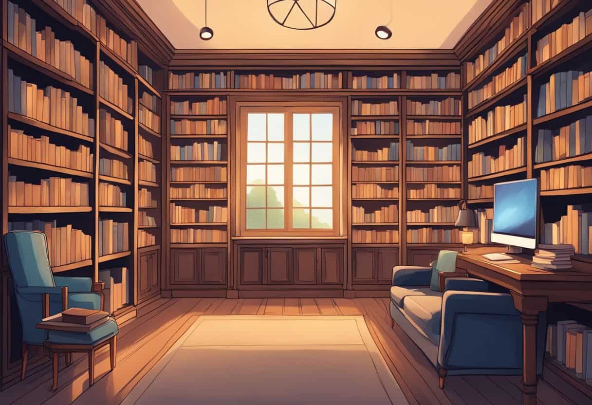 A cozy library with shelves of books, comfortable seating, and soft lighting, creating a peaceful and low-stress work environment