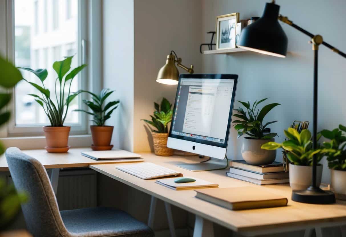 A small home office with desk dividers creating separate workspaces. Plants, books, and a cozy lamp add a touch of inspiration to the space