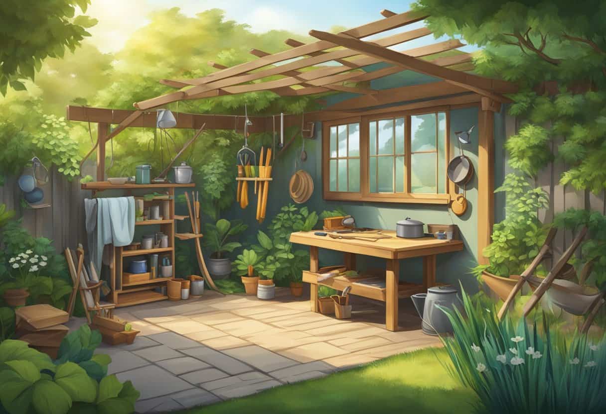 A tranquil garden with a small shed and various tools neatly organized on a workbench. A hammock sways gently in the breeze, surrounded by lush greenery