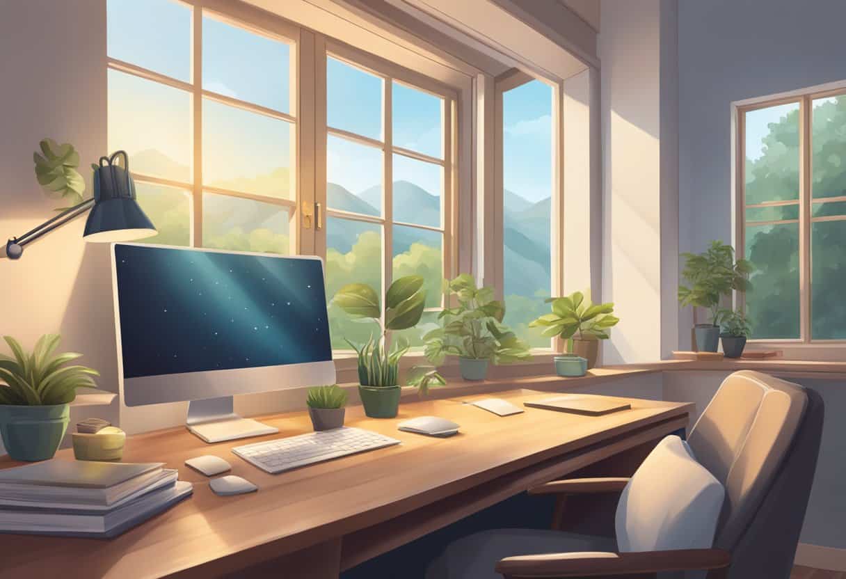 A tranquil office space with a cozy desk, soft lighting, and a view of nature through a window