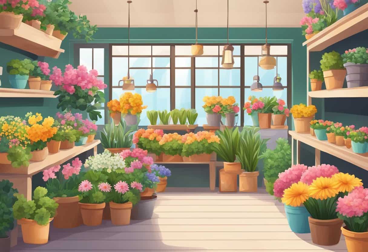 A cozy flower shop with colorful blooms, potted plants, and a cheerful atmosphere