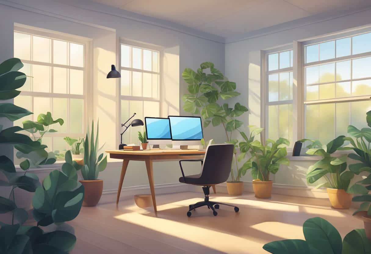 A tranquil office space with a computer, desk, and plants, bathed in soft natural light from a nearby window