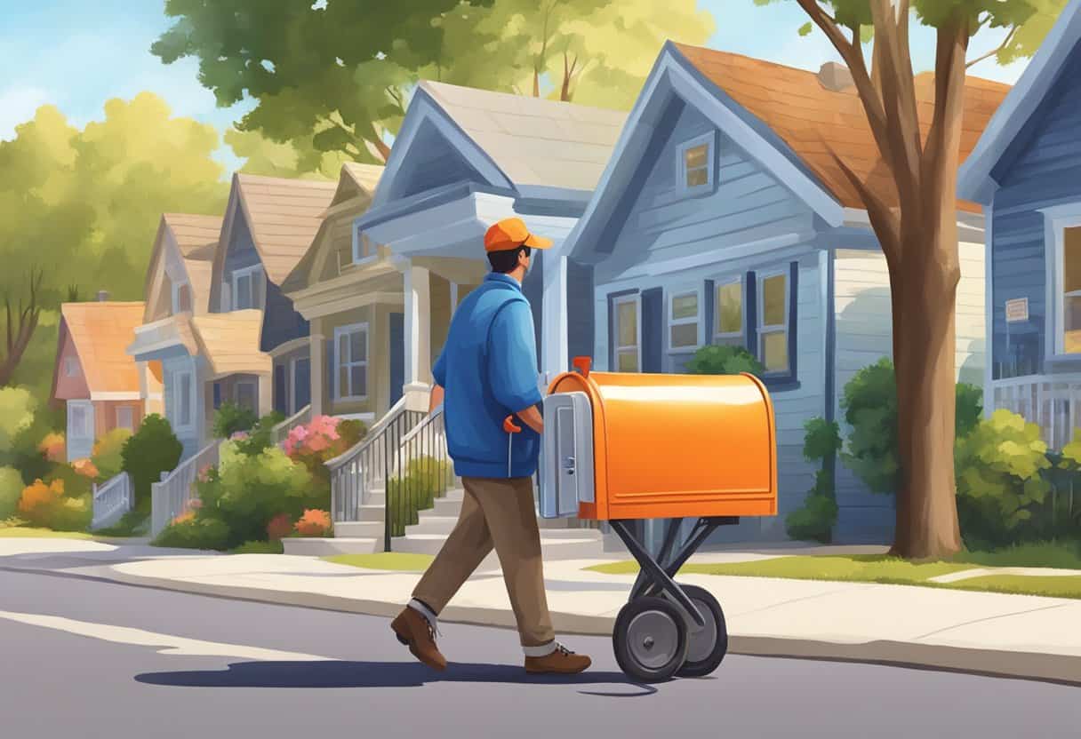 A mail carrier walking along a quiet suburban street, delivering mail to colorful mailboxes on a sunny day