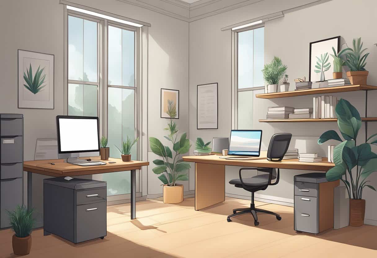 A peaceful office setting with a computer, desk, and filing cabinets. The atmosphere is calm and relaxed, with soft lighting and minimal distractions