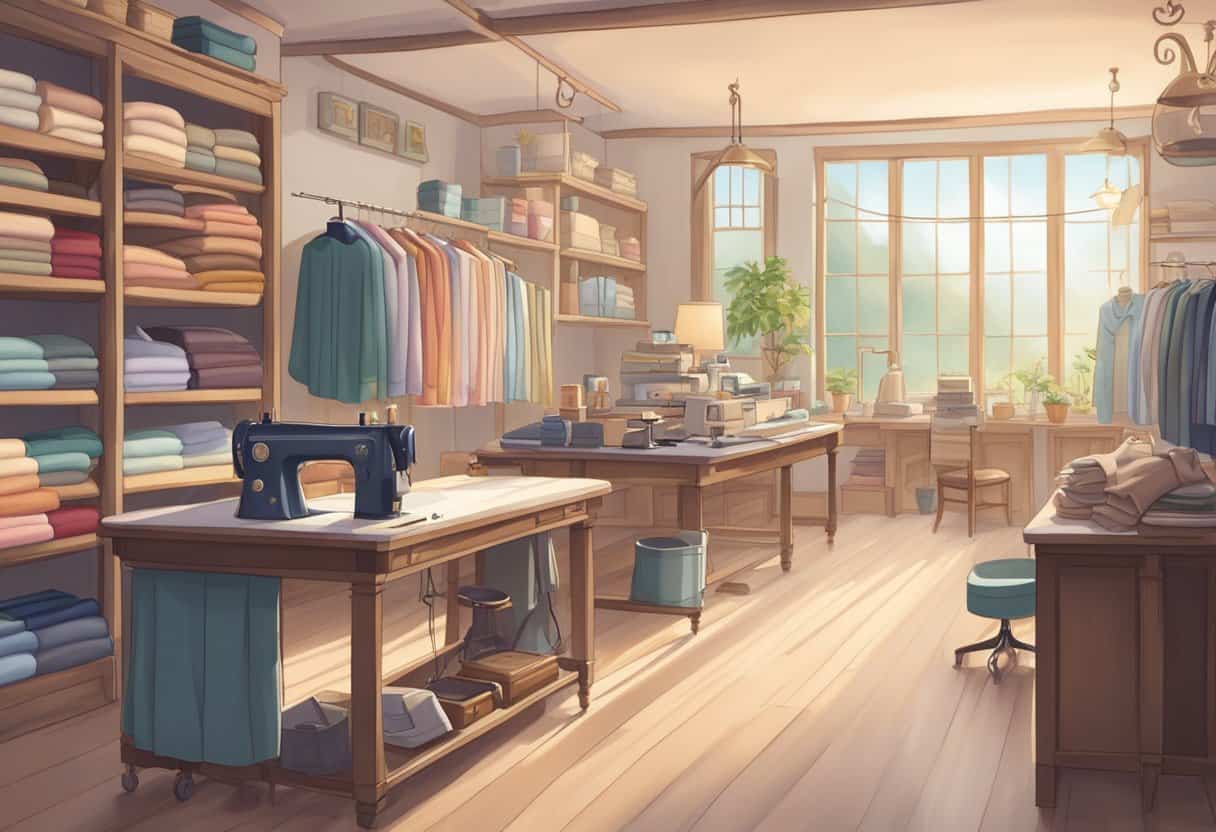 A peaceful tailor shop with neatly organized fabrics, sewing machines, and a cozy work area. Soft lighting and soothing colors create a calm, low-stress atmosphere