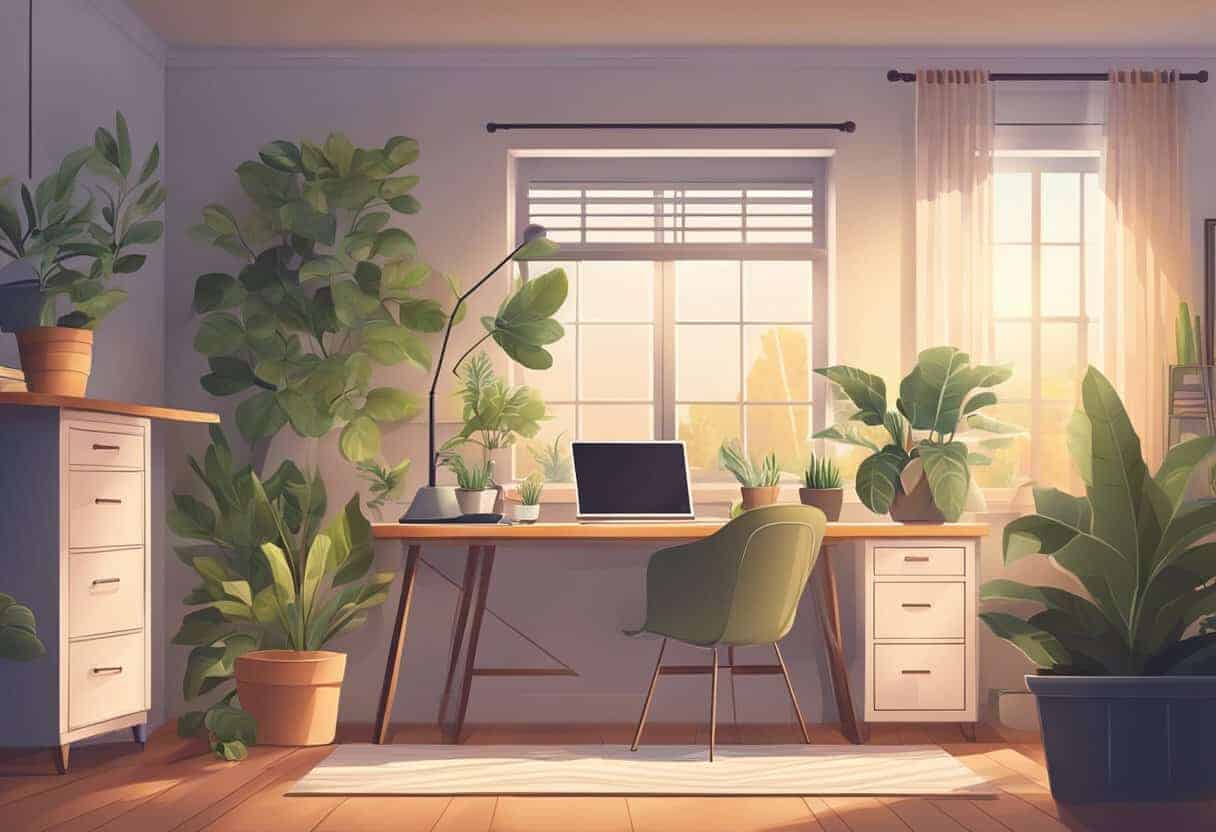 A cozy home office with a desk, computer, and potted plants. Soft lighting and a calm atmosphere create a peaceful work environment