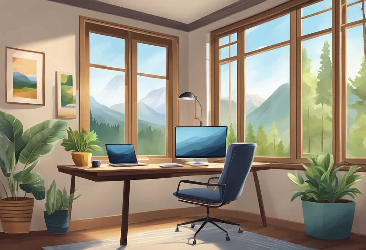 A cozy home office with a comfortable chair, a desk with a laptop, and a peaceful view of nature through a window