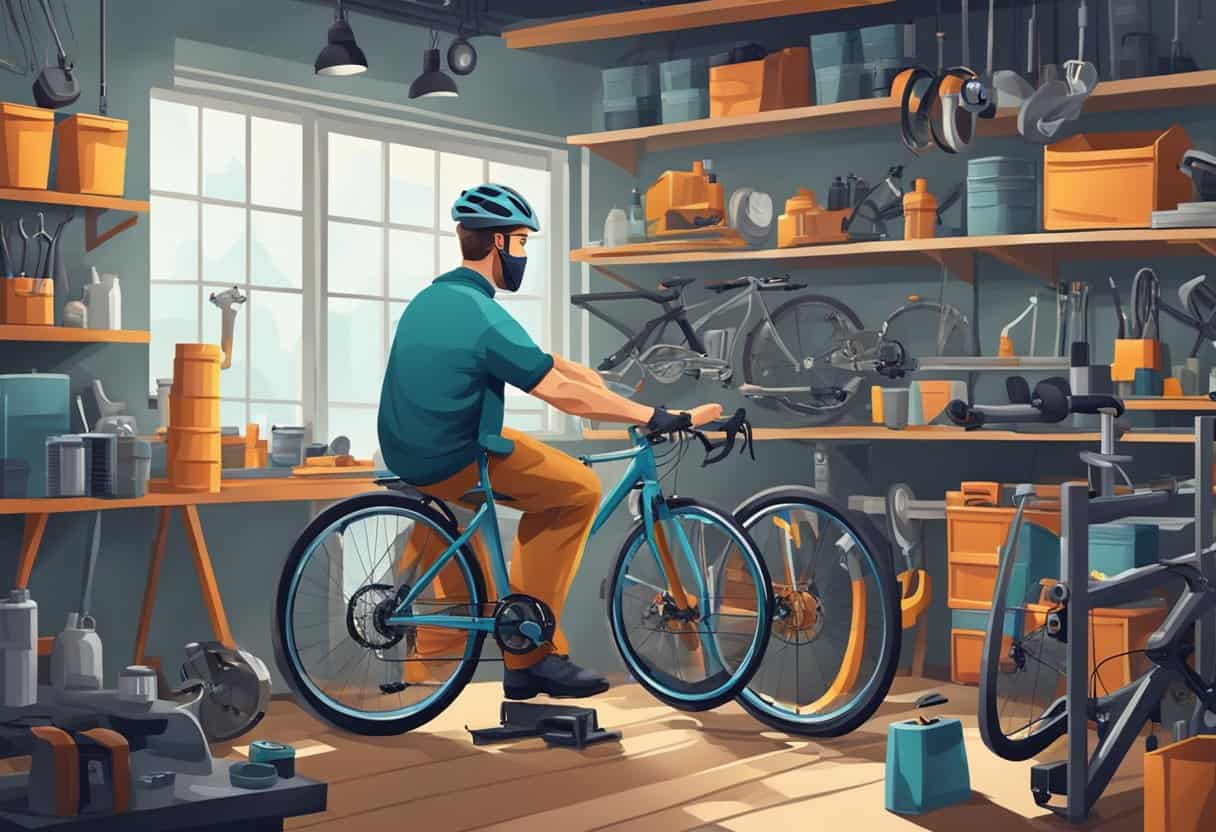 A bicycle mechanic calmly working on a bike in a tidy, well-lit workshop. Tools and spare parts neatly organized on shelves