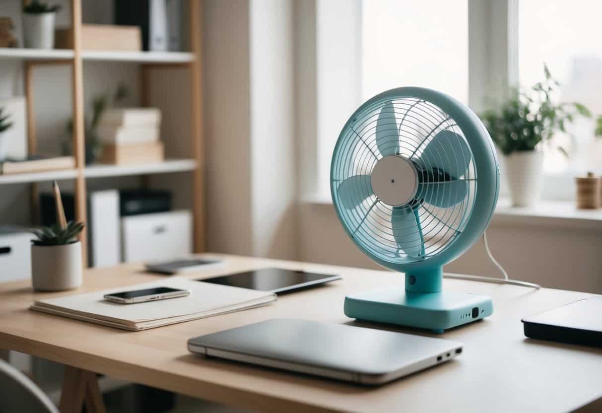 A portable fan sits on a clutter-free desk in a cozy home office with soft lighting and minimalist decor