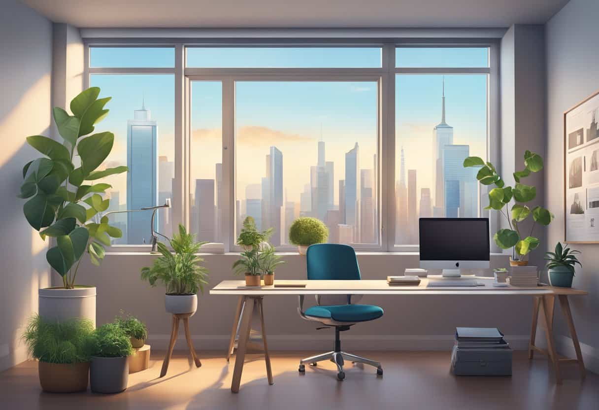 A cozy home office with a modern desk, computer, and plants. A large window overlooks a city skyline, and a calendar shows the year 2025