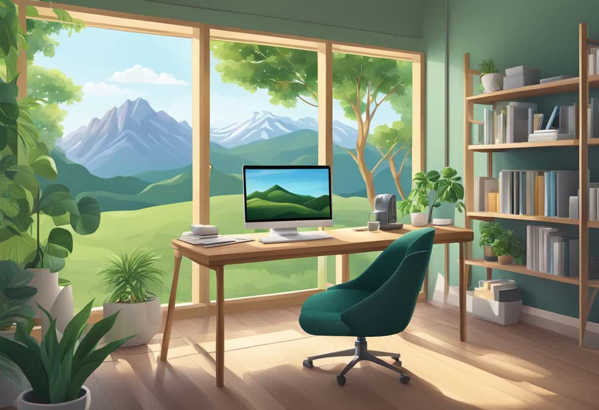 A serene home office with a computer, desk, and chair overlooking a lush green landscape with mountains in the distance