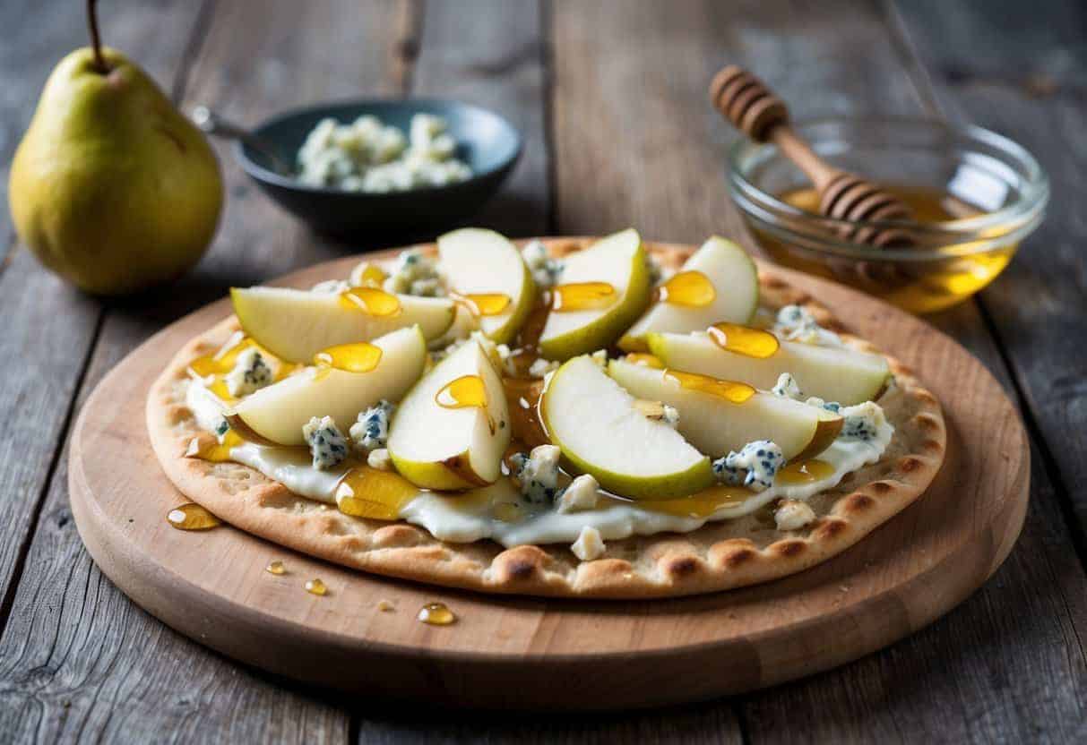 A rustic flatbread topped with sliced pears, crumbled blue cheese, and drizzled with honey, sitting on a wooden serving board