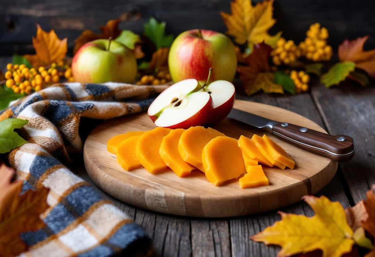 A rustic wooden cutting board with sliced apple and cheddar cheese, surrounded by fall foliage and a cozy plaid blanket