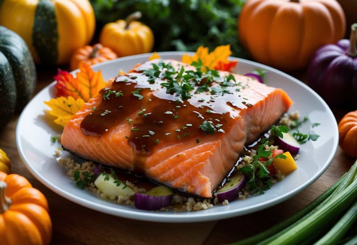 A succulent salmon fillet glistens with a rich maple glaze, surrounded by colorful fall vegetables and a sprinkle of fresh herbs