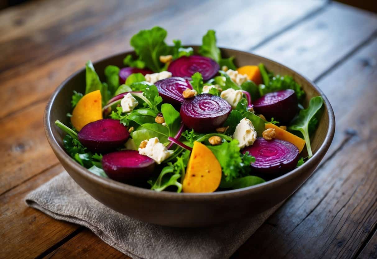 A colorful salad composed of roasted beets, vibrant greens, and creamy goat cheese, served in a rustic bowl on a wooden table