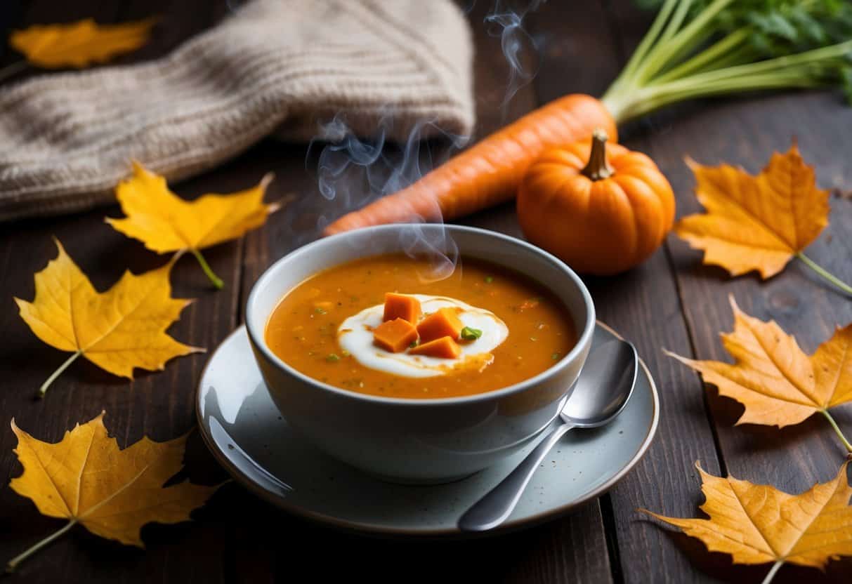 A steaming bowl of carrot ginger soup surrounded by autumn leaves and a cozy sweater