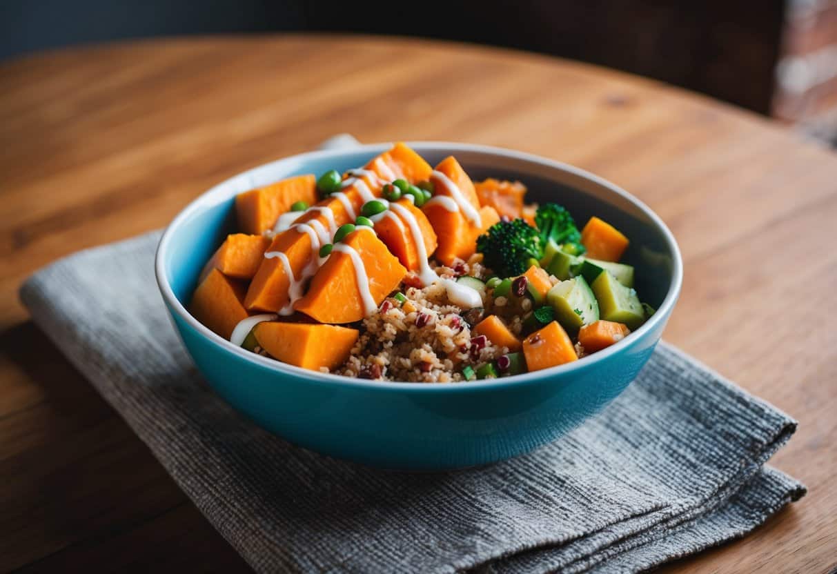 A colorful bowl filled with sweet potatoes, quinoa, and assorted fall vegetables, topped with a drizzle of dressing, set on a wooden table