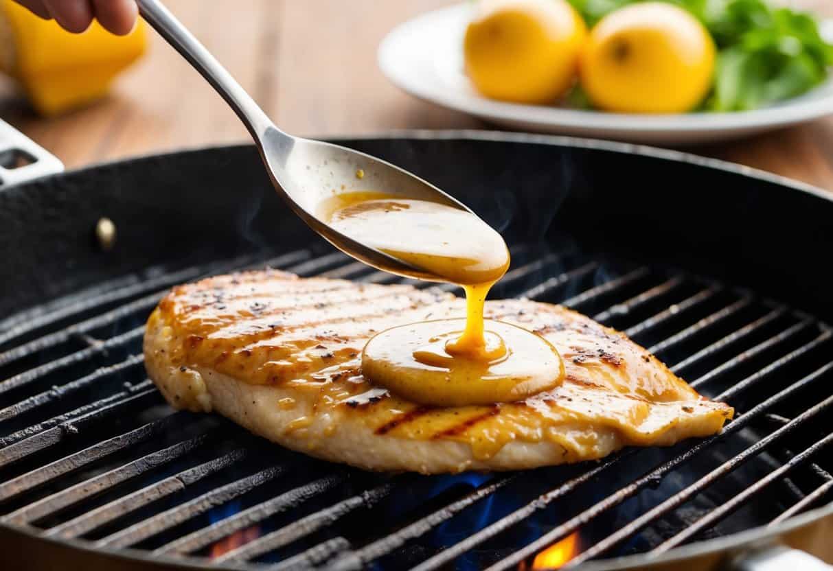 A chicken breast being glazed with maple-Dijon sauce on a sizzling grill