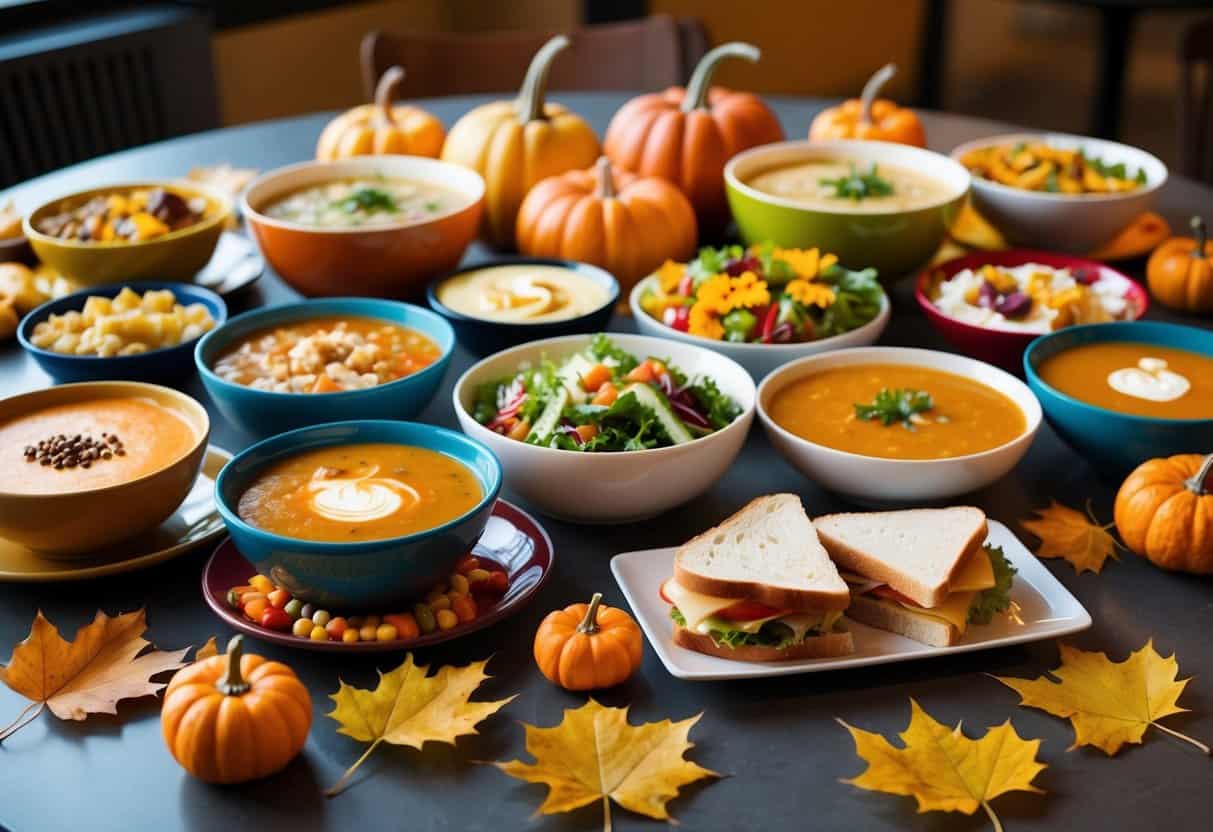 A colorful array of fall-themed lunch items displayed on a table, including soups, sandwiches, and salads, with autumn leaves scattered around