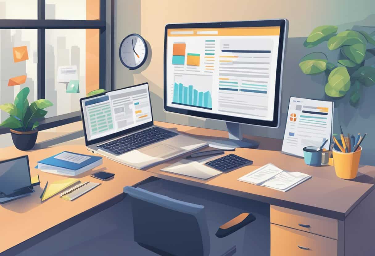 An office desk with a computer screen displaying monitoring software alerts. A handbook on employee rights and company policies lies open next to it