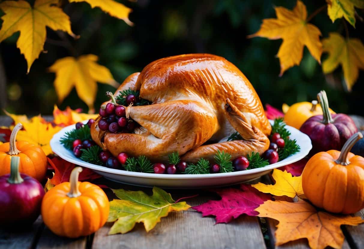 A table set with a colorful turkey and cranberry wrap surrounded by autumn leaves and seasonal produce