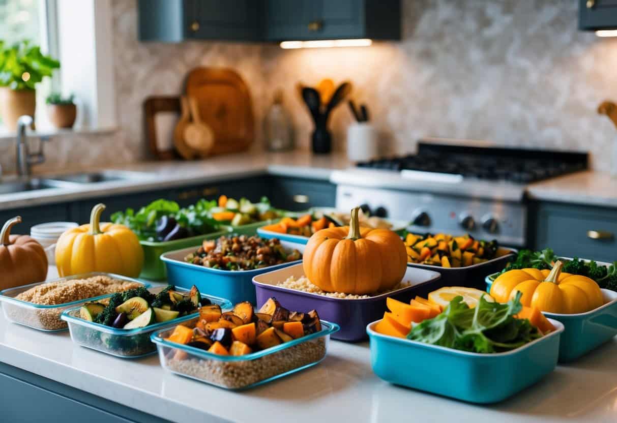 A cozy kitchen counter with a variety of colorful containers filled with neatly organized prepped fall lunch ingredients, including roasted vegetables, quinoa, and salad greens