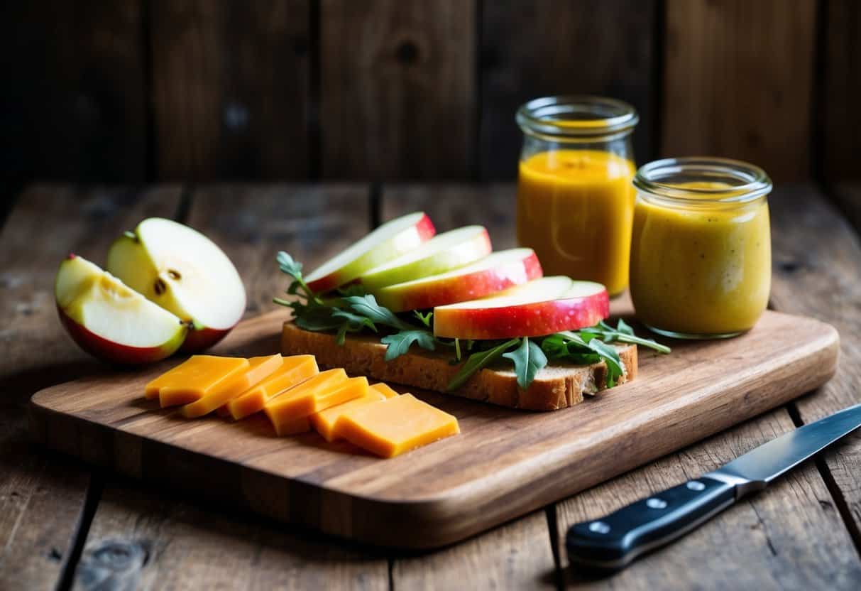 A rustic wooden cutting board with sliced apple, cheddar cheese, and arugula arranged for a sandwich. A jar of mustard and a knife sit nearby