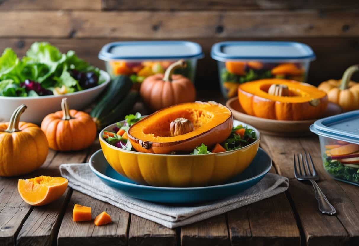 A rustic wooden table set with a colorful salad bowl filled with maple-glazed butternut squash, surrounded by fresh fall produce and meal prep containers