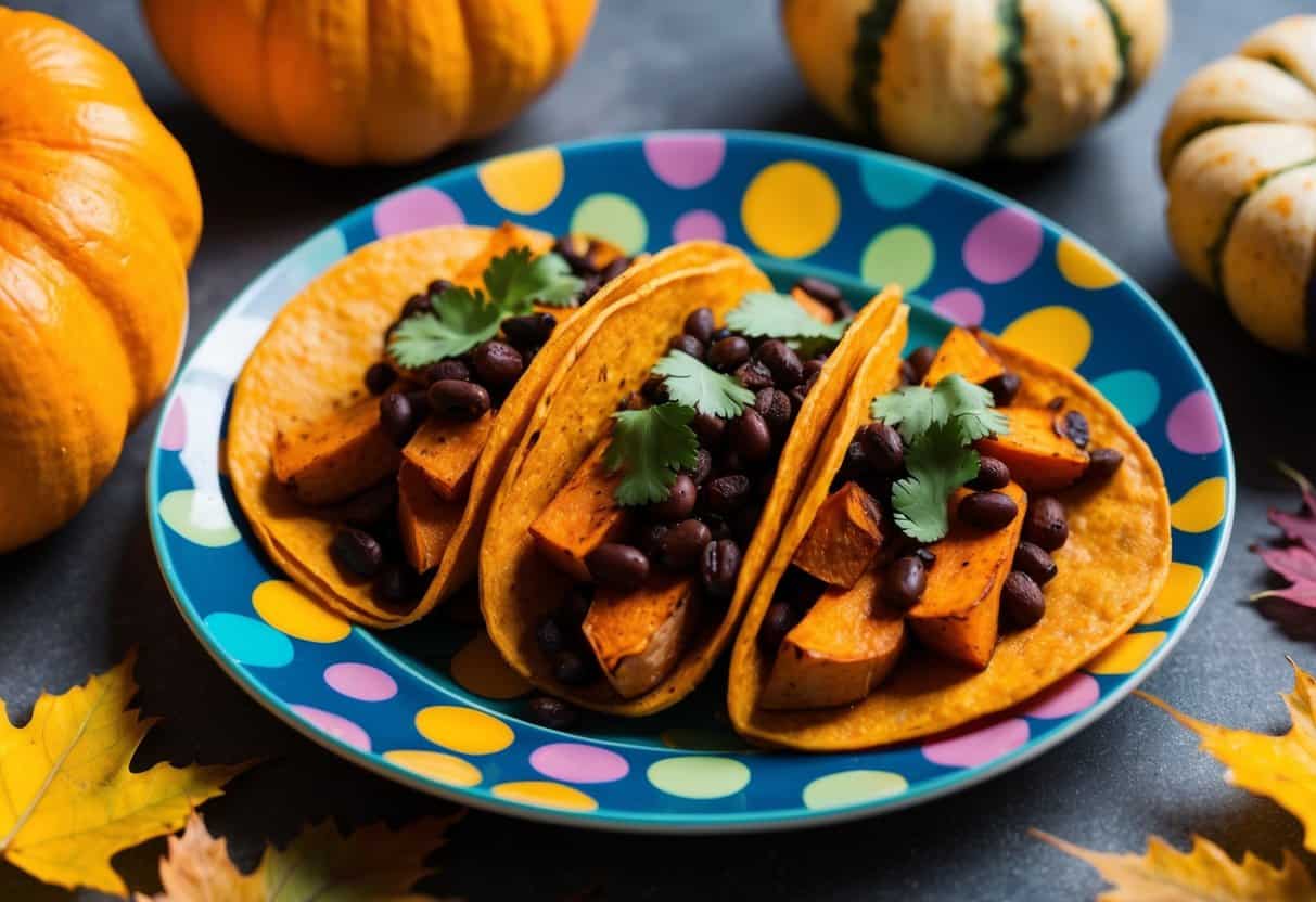 A colorful plate with roasted sweet potato and black bean tacos, surrounded by fall-themed ingredients like squash and autumn leaves