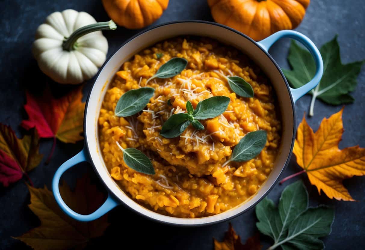 A bubbling pot of creamy pumpkin and sage risotto surrounded by autumn leaves and seasonal produce