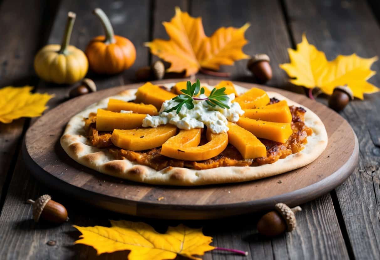 A rustic wooden table with a freshly baked flatbread topped with butternut squash and goat cheese, surrounded by autumn leaves and acorns