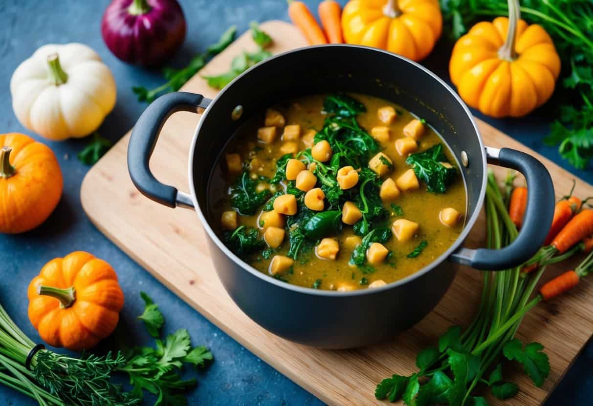 A pot simmering with chickpea and spinach curry, surrounded by colorful fall vegetables and herbs on a wooden cutting board