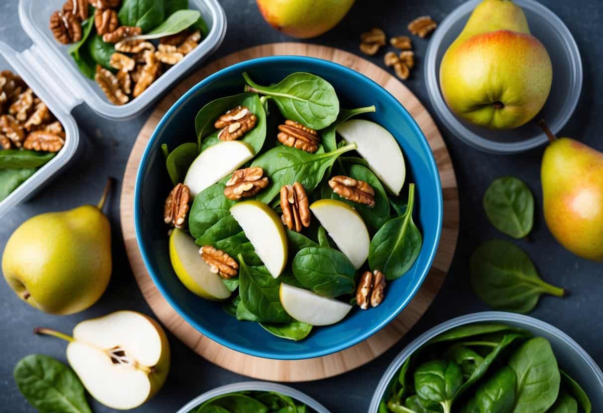 A colorful bowl of spinach salad with sliced pears and walnuts, surrounded by fresh ingredients and meal prep containers