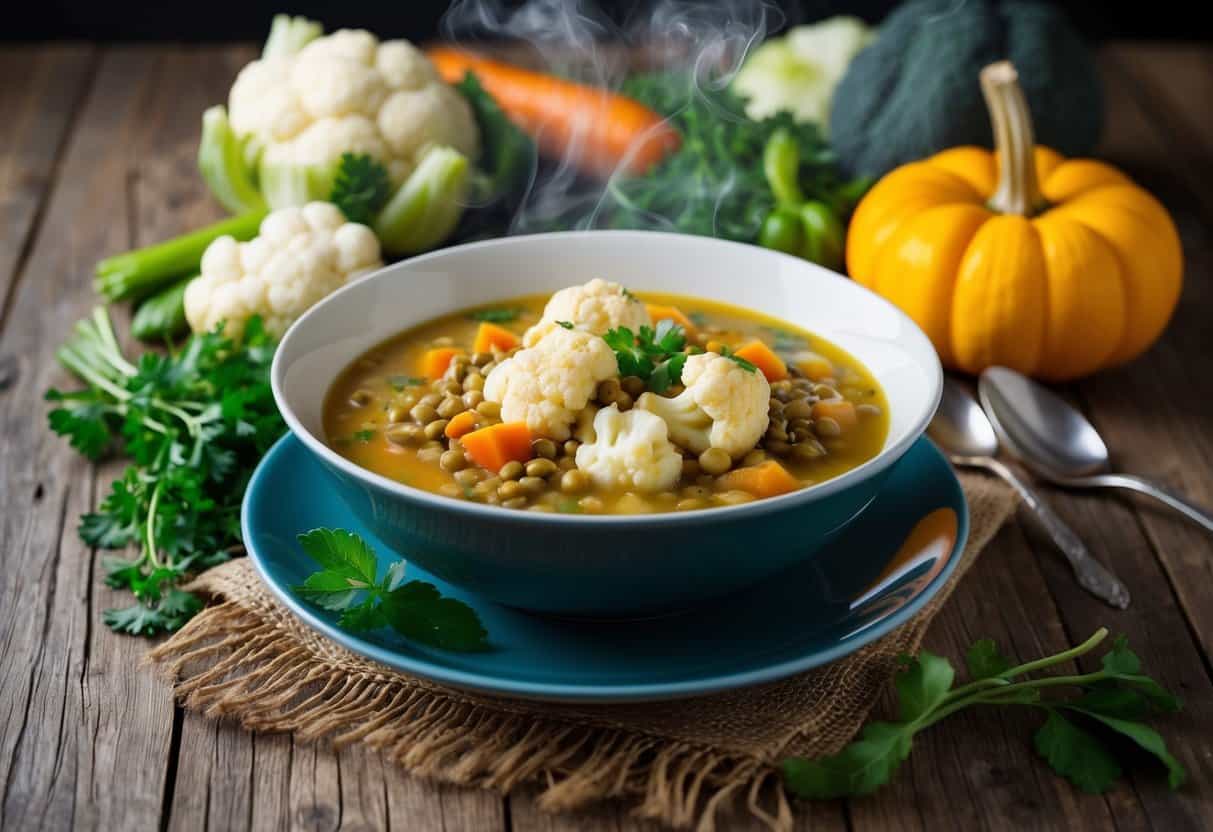 A steaming bowl of cauliflower and lentil soup sits on a rustic wooden table surrounded by fresh fall vegetables and herbs