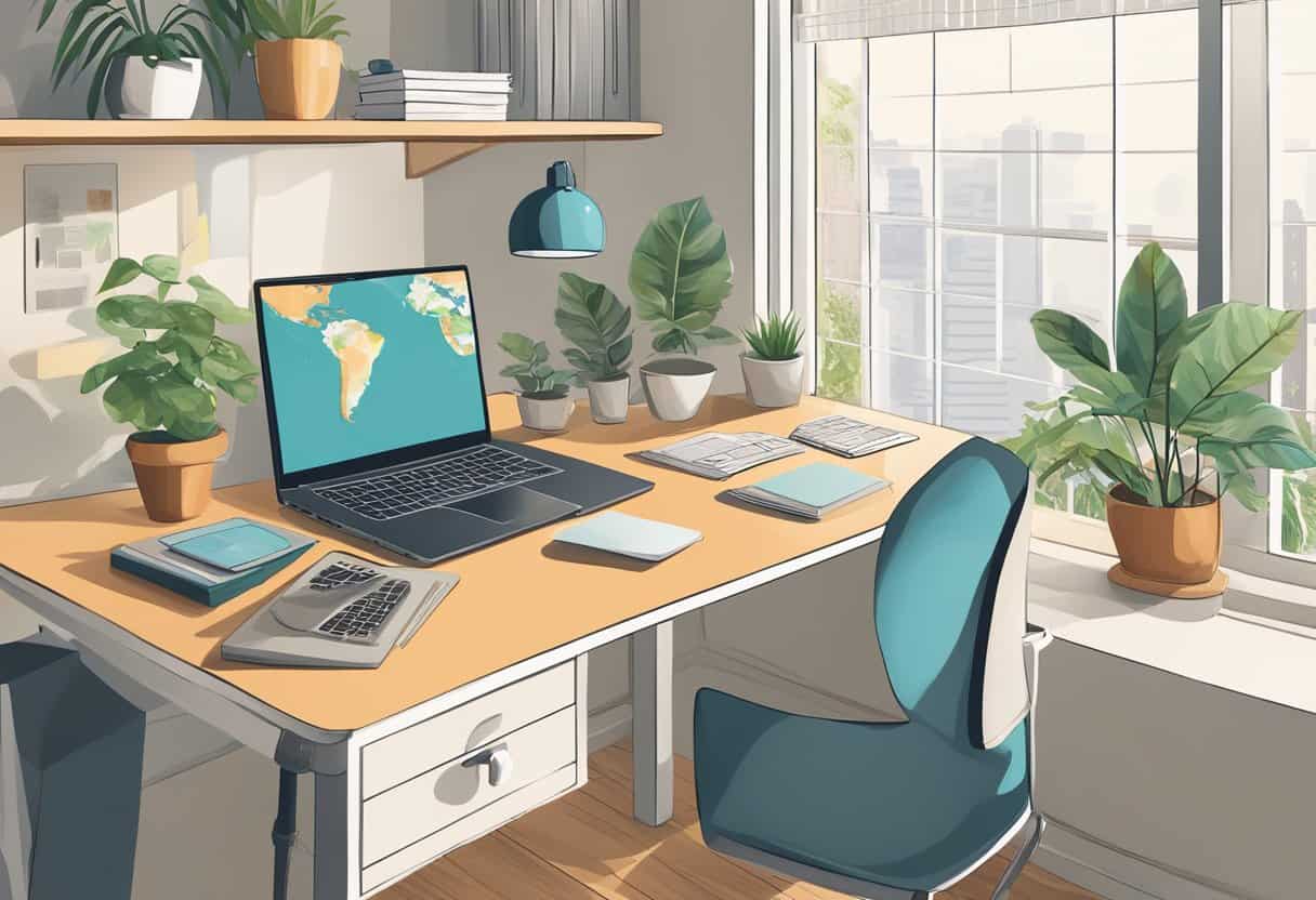 A cozy home office with a laptop, plants, and natural light. A calendar shows a mix of work and personal events. A globe and map symbolize remote work opportunities worldwide