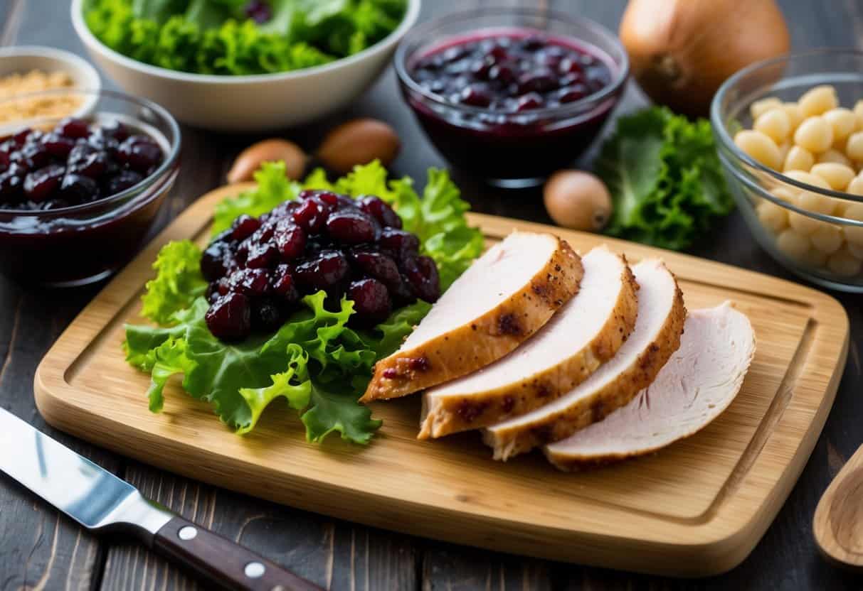 A wooden cutting board with sliced turkey, cranberry sauce, and lettuce, surrounded by various ingredients for meal prep