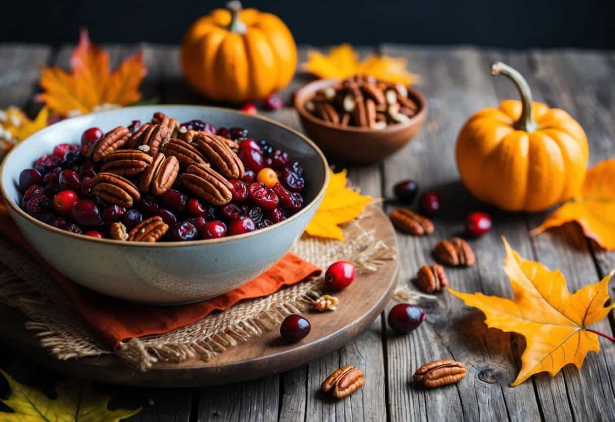 A rustic wooden table set with a vibrant harvest grain bowl filled with cranberries and pecans, surrounded by autumn leaves and seasonal ingredients