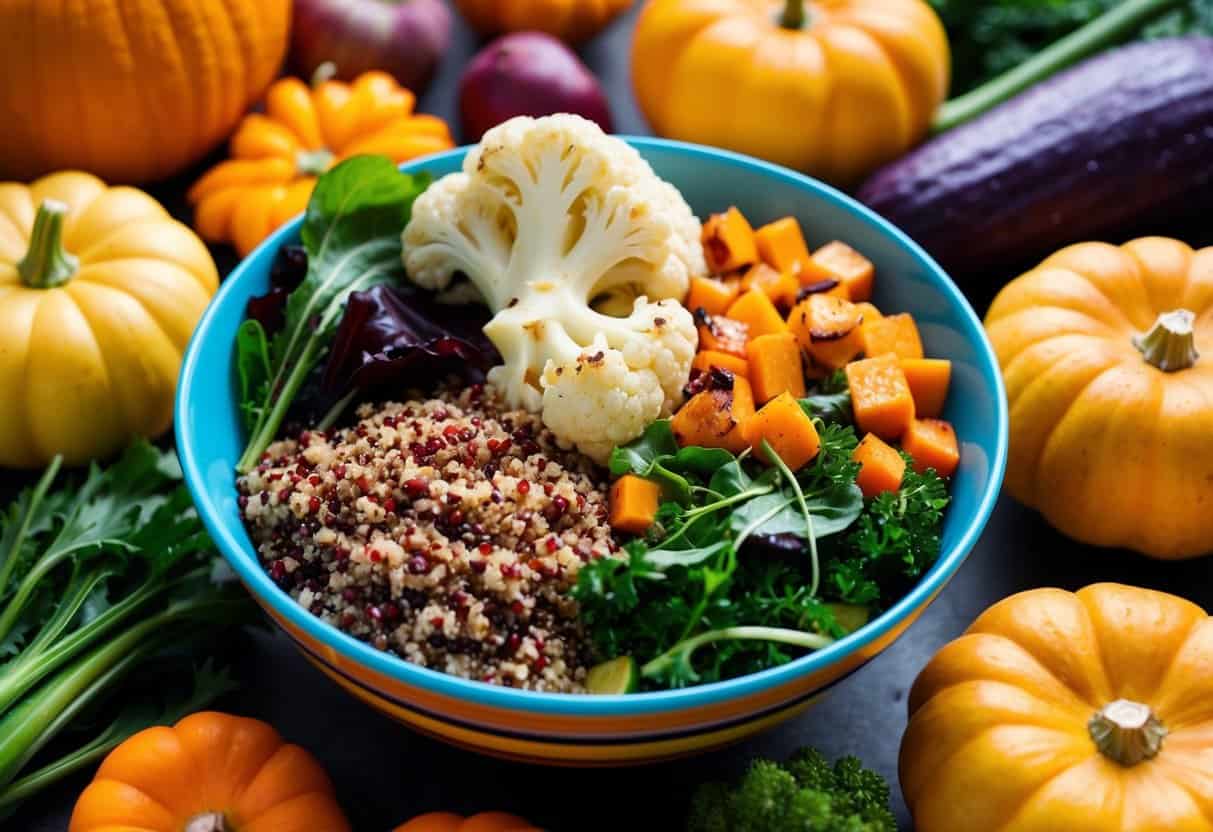 A colorful bowl filled with quinoa, roasted cauliflower, and mixed greens, surrounded by various fall vegetables and fruits