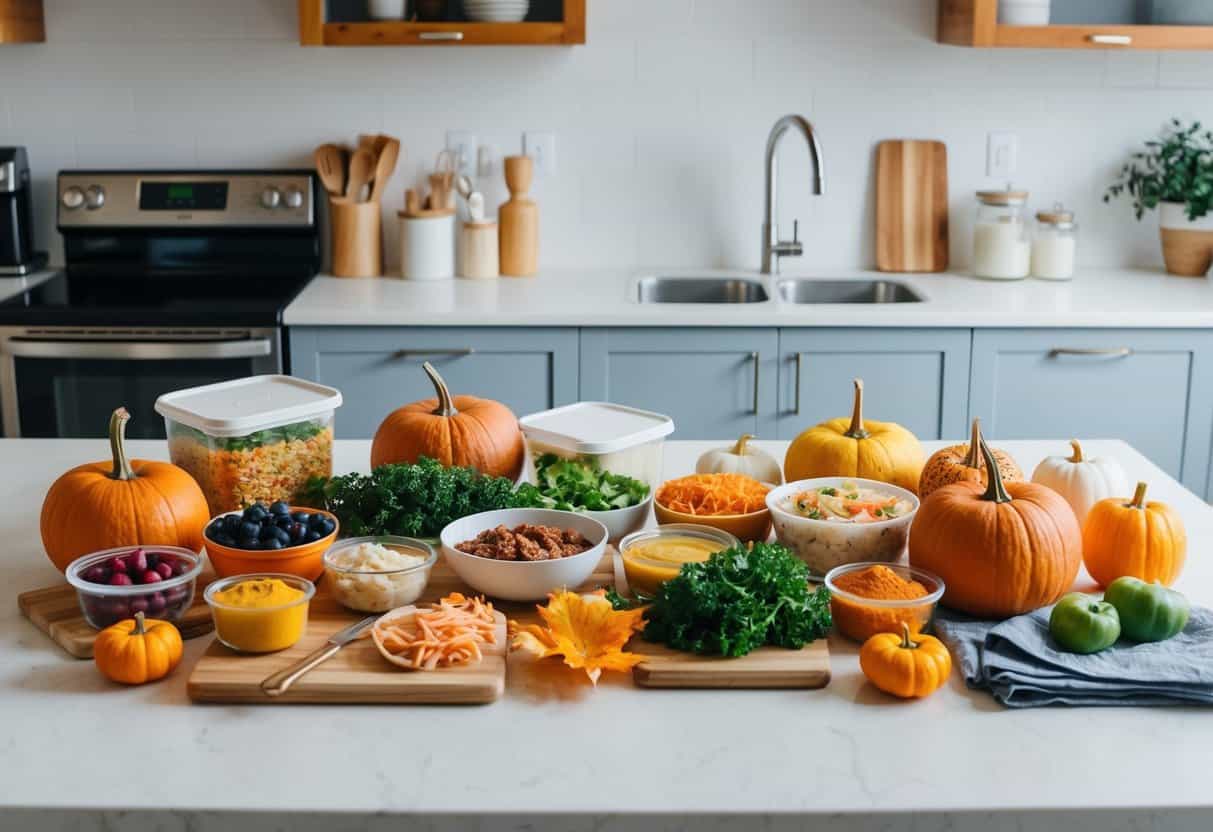 A colorful array of prepped fall lunch ingredients laid out on a clean kitchen counter, surrounded by various containers and utensils