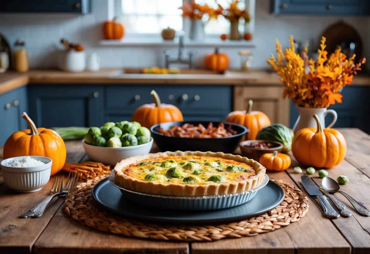 A rustic kitchen table set with a golden-brown Brussels sprouts and bacon quiche surrounded by autumn-themed decor and ingredients