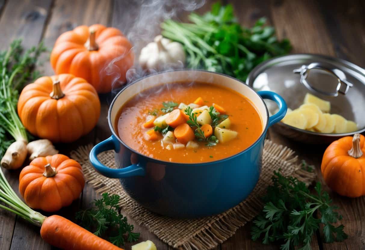 A steaming pot of carrot and ginger soup surrounded by fall vegetables and herbs on a rustic wooden table