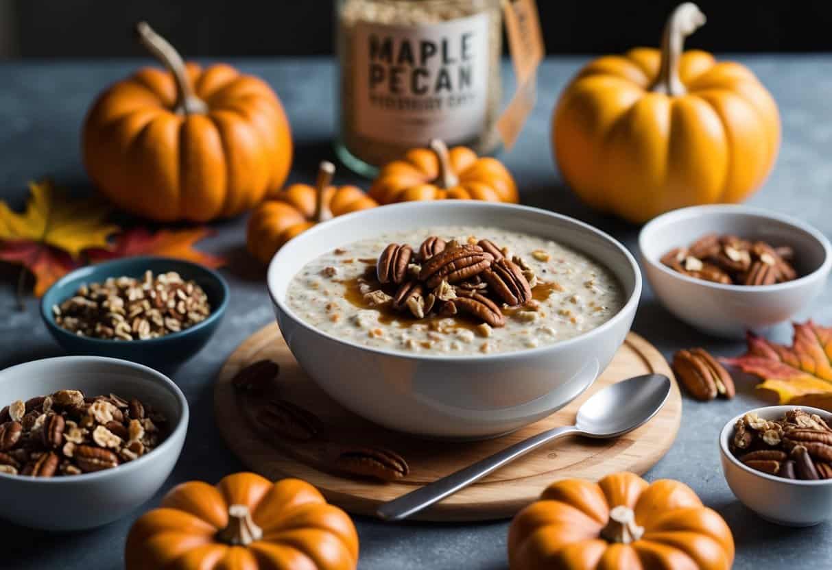 A bowl of maple pecan overnight oats surrounded by fall-themed decor and ingredients, ready for meal prep